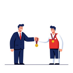 Illustration of congratulating an athlete winning a gold medal by an official