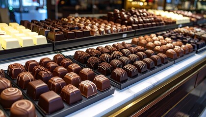 Rows of assorted chocolates in a display case, various shapes, colors, and toppings