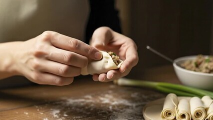 Close-up of hands skillfully making traditional homemade Asian dumplings in a kitchen. - Powered by Adobe