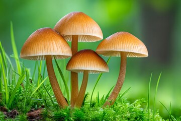Mushrooms growing on moss in lush green environment