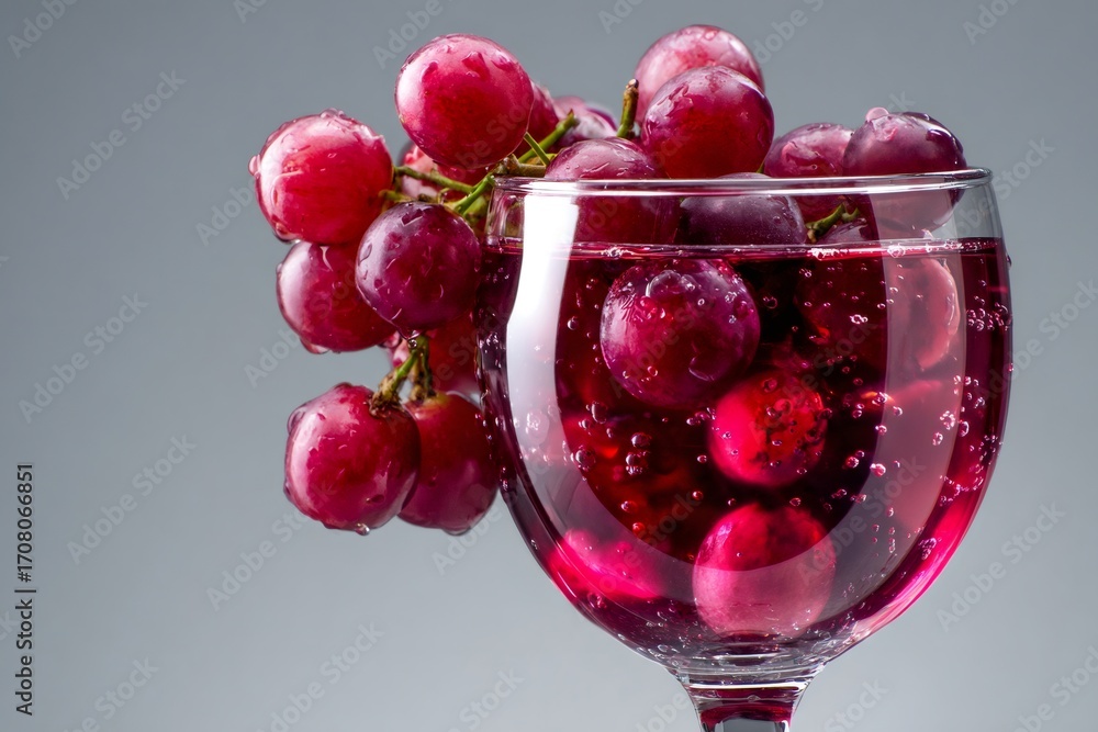 Poster red grapes cluster near falling water droplets splashing into fizzing grape juice against gray backd