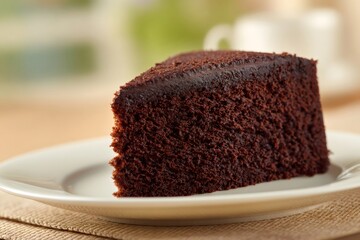 Freshly baked chocolate cake slice with rich chocolate frosting, tempting indulgence on a white plate