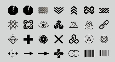 A collection of abstract geometric symbols and icons, including shapes, patterns, and abstract representations, presented on a neutral background
