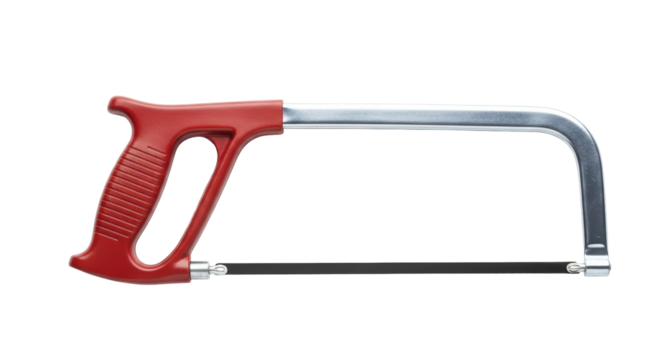 Isolated hacksaw with steel frame and plastic handle for cutting metal, sawing tool