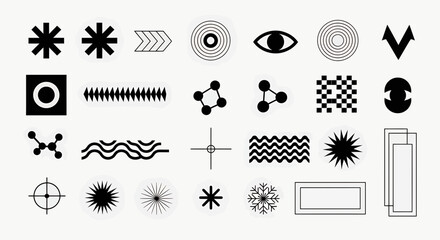 A collection of abstract geometric shapes and symbols, including stars, eyes, waves, and molecular structures, isolated on a