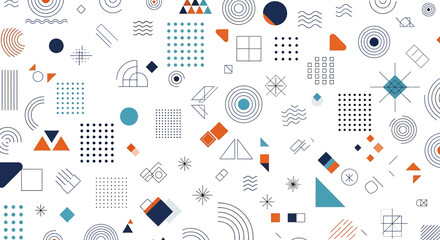Abstract geometric pattern with various shapes and forms, including circles, squares, triangles, and lines, in a minimalist design with a