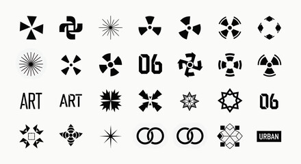 A collection of abstract geometric symbols, icons, and graphic elements, including radiation symbols, starbursts, interlocking rings, and stylized floral or crystalline shapes