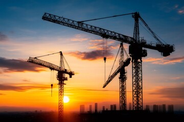 Construction cranes dominating the skyline during a vibrant sunset