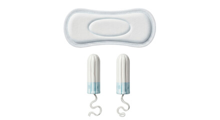 Isolated menstrual hygiene products, with sanitary pad and two tampons for feminine care