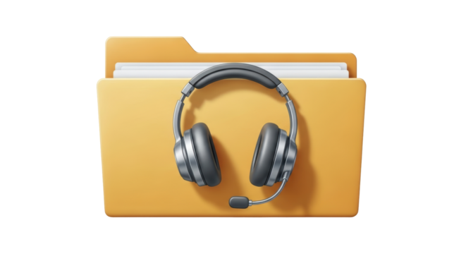 Isolated yellow folder with documents and black headset, audio recording icon design