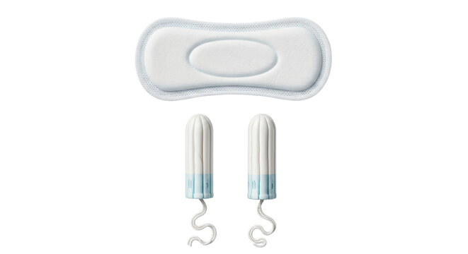 Isolated menstrual hygiene products, with sanitary pad and two tampons for feminine care