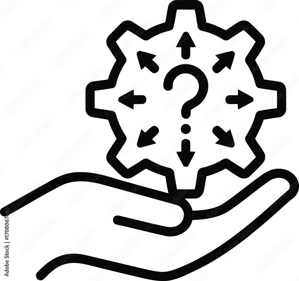 Poster hand holding gear with question mark and arrows representing decision making process or uncertainty 