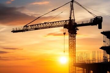 Construction crane building skyscraper at sunset