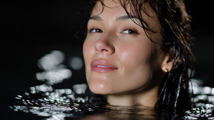 Fototapeta premium A captivating portrait of a woman emerging gracefully from the water, highlighted by soft light, exuding serenity and beauty in a tranquil setting.