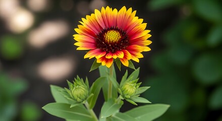 Gaillardia flower with red and yellow petals in garden, closeup shot