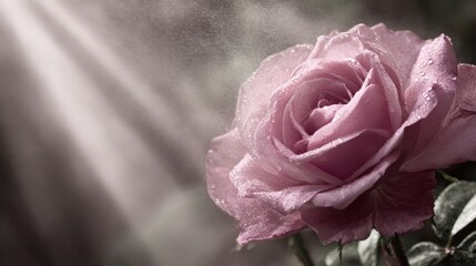 Delicate Pink Rose with Dew Drops in Soft Light and Mist Effects