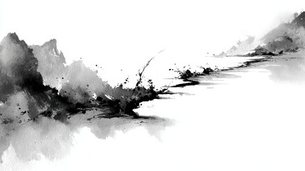 Obraz premium An artistic ink landscape featuring mountains and water reflection, capturing a sense of tranquility and depth. The artwork features a blend of mountains, rivers, water, and clouds.