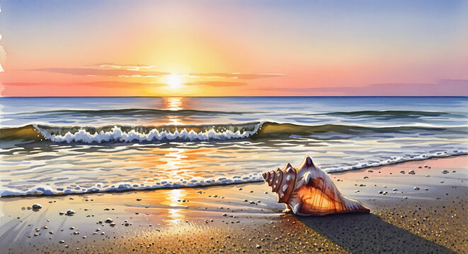 Seashell Sunrise Serene Beach Scene at Dawn