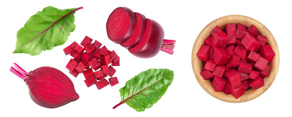 beetroot half and slice isolated on white background with  full depth of field. Top view. Flat lay