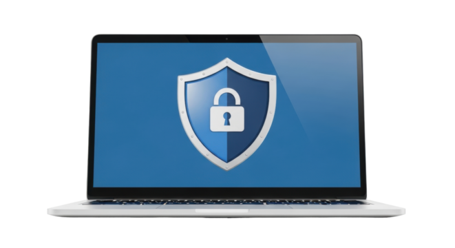 Isolated modern laptop displaying a shield icon symbolizing security and privacy protocols