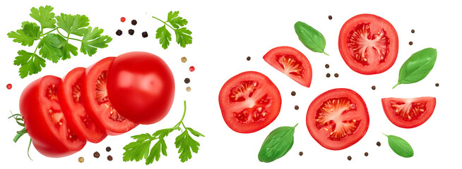 Tomato slices isolated on white background. Clipping path . Top view. Flat lay
