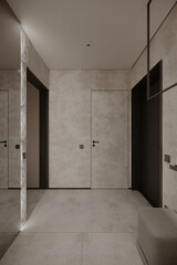 Stylish hallway with concealed doors, natural textures, and subtle lighting for a seamless modern look.