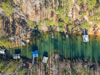Aerial top down Clarks Hill Lake in winter after Hurricane Helene in Appling Augusta Georgia