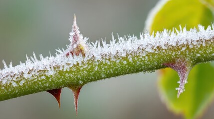 Frost Covered Thorny Stem with Ice Crystals in Morning Light