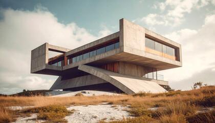 Dilapidated modern house in cement, facade, exterior view at sunset