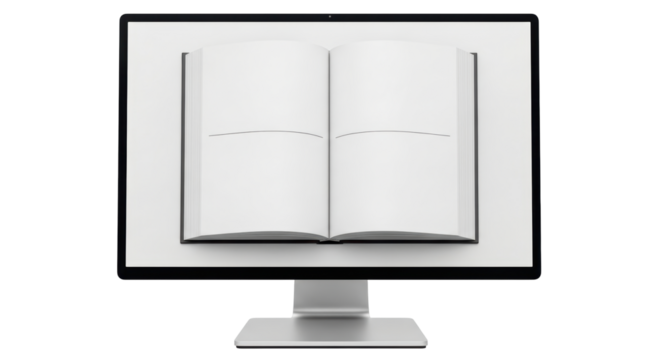 Isolated open book floating on computer screen, modern display mockup, digital publication