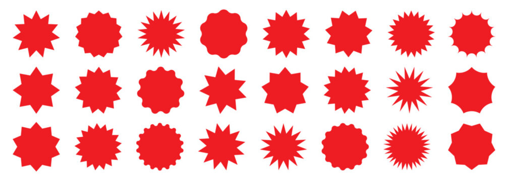 Set of red star burst shape tags for price. Circle sticker set. Wavy edge promo black badges. Blank sale stickers. Simple silhouette. Flat vintage labels isolated on transparent background.