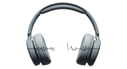 Isolated grey over-ear wireless headphones with sound waves over a plain background for audio use
