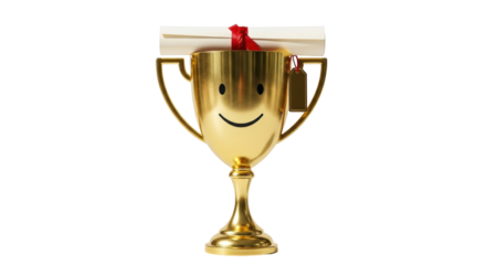Isolated Golden Trophy with Diploma and Smile, Symbol of Achievement, Celebration, Award