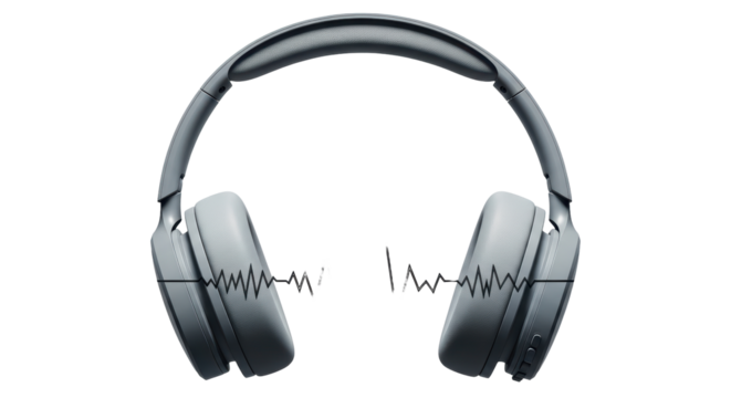 Isolated grey over-ear wireless headphones with sound waves over a plain background for audio use