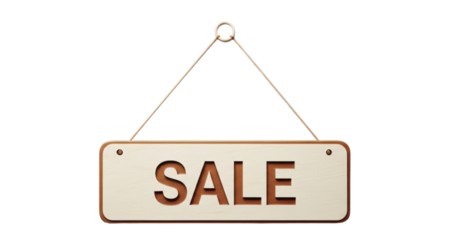 Isolated Sale sign cutout hanging from rope, business promotion, special discount event