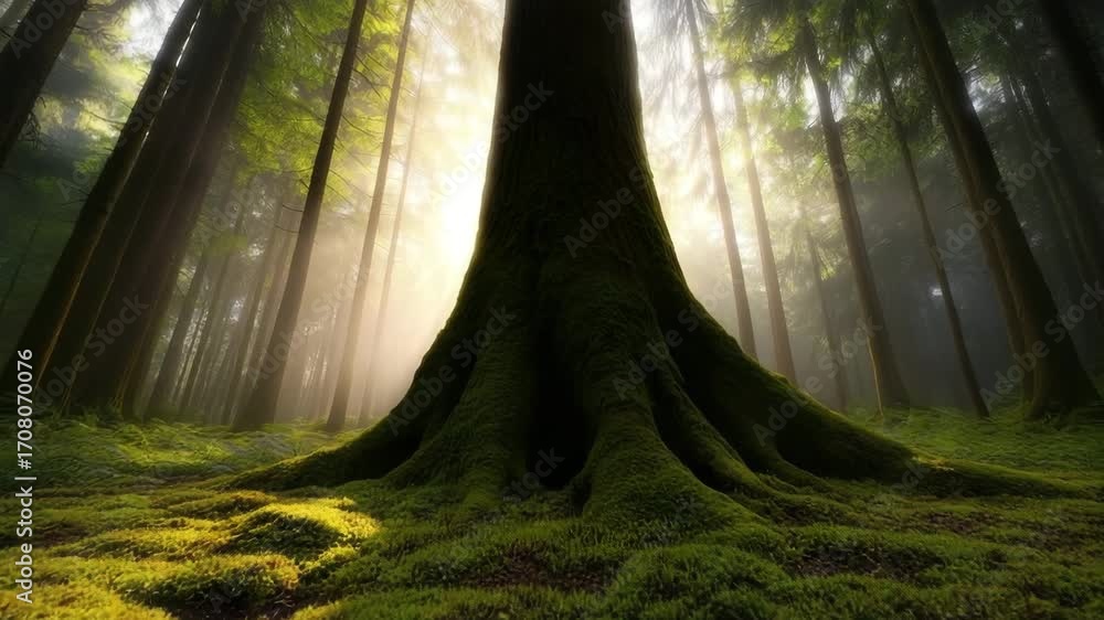 Poster sunlight filters through a forest showcasing tall trees