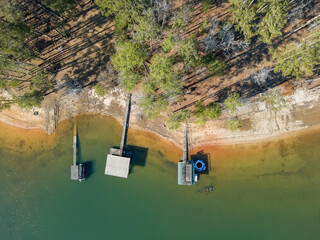 Aerial top down Clarks Hill Lake in winter after Hurricane Helene in Appling Augusta Georgia