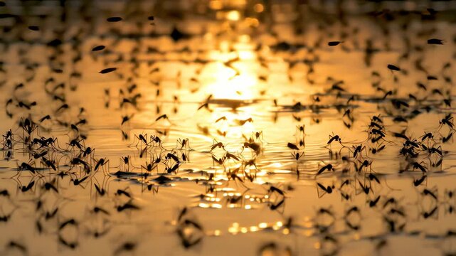 clouds of mosquitoes rising like smoke, silhouetted against golden light, spreading across stagnant waters