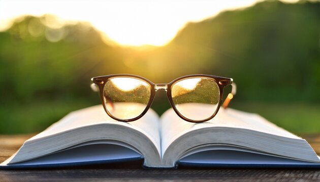 glasses on an open book with a blurred background of nature and sunlight