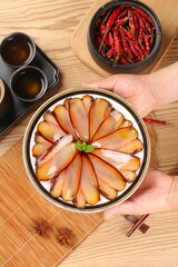 Gourmet Chinese Smoked Pork Belly Platter with Traditional Tea Service and Spicy Chilies