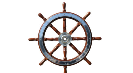 Isolated Wooden Ship Steering Wheel, antique helm, traditional navigational control equipment