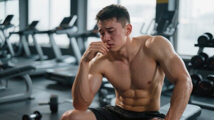 Gym, man and tired with rest for fitness, cardio training and exhausted for health workout. Sweating, male person and bodybuilder with thinking for exercise session, wellness recovery and breathing