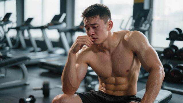 Gym, man and tired with rest for fitness, cardio training and exhausted for health workout. Sweating, male person and bodybuilder with thinking for exercise session, wellness recovery and breathing