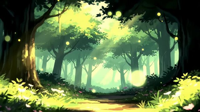 Luminous Forest Path with Dark Trees Pink Flowers and Yellow Light