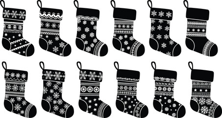 Black and white Christmas stockings vector set with festive patterns, snowflakes, stars, stripes, dots, holiday decoration, winter season design