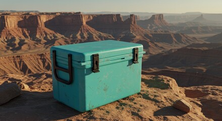 Bright Blue Cooler on Rocky Cliff Overlooking Vast Desert Canyon at Golden Hour