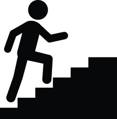 Black silhouette of a person climbing stairs on a white background Keywords: stairs, climbing, steps, up, movement, progress