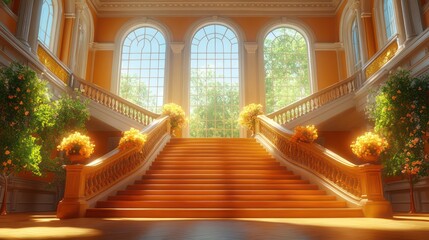Sunlit grand staircase in a luxurious palace interior with large windows and floral arrangements.