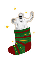 Composite trend artwork sketch image photo collage of merry Christmas holiday celebrate winter season aged man santa claus sit huge sock