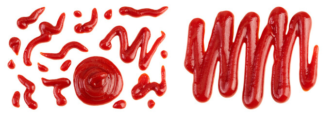 Red tomato sauce or ketchup isolated on white background. Top view. Flat lay. Set or collection